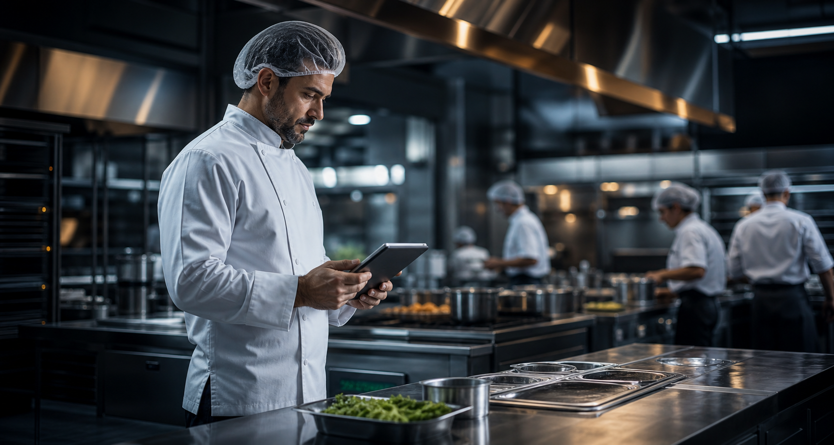 Gestor de operações alimentares a consultar um tablet numa cozinha profissional moderna